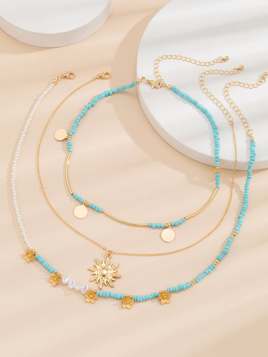 Women's Boho Beaded Pearl Necklace Set — close-up detail