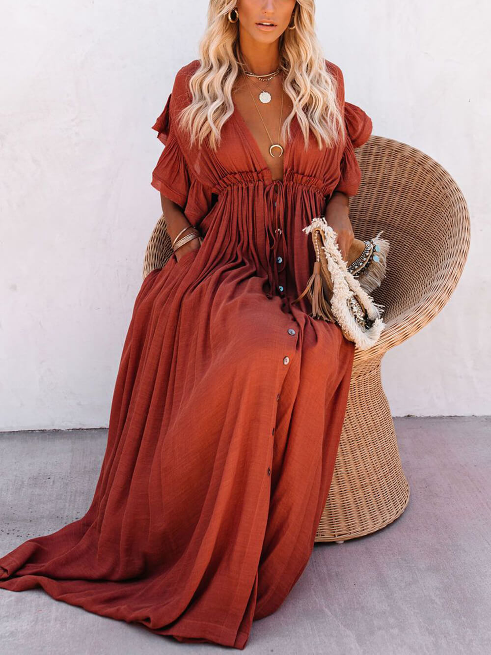 Button-Front Linen Beach Maxi Dress — women's maxi dress, view 12 by Emyri