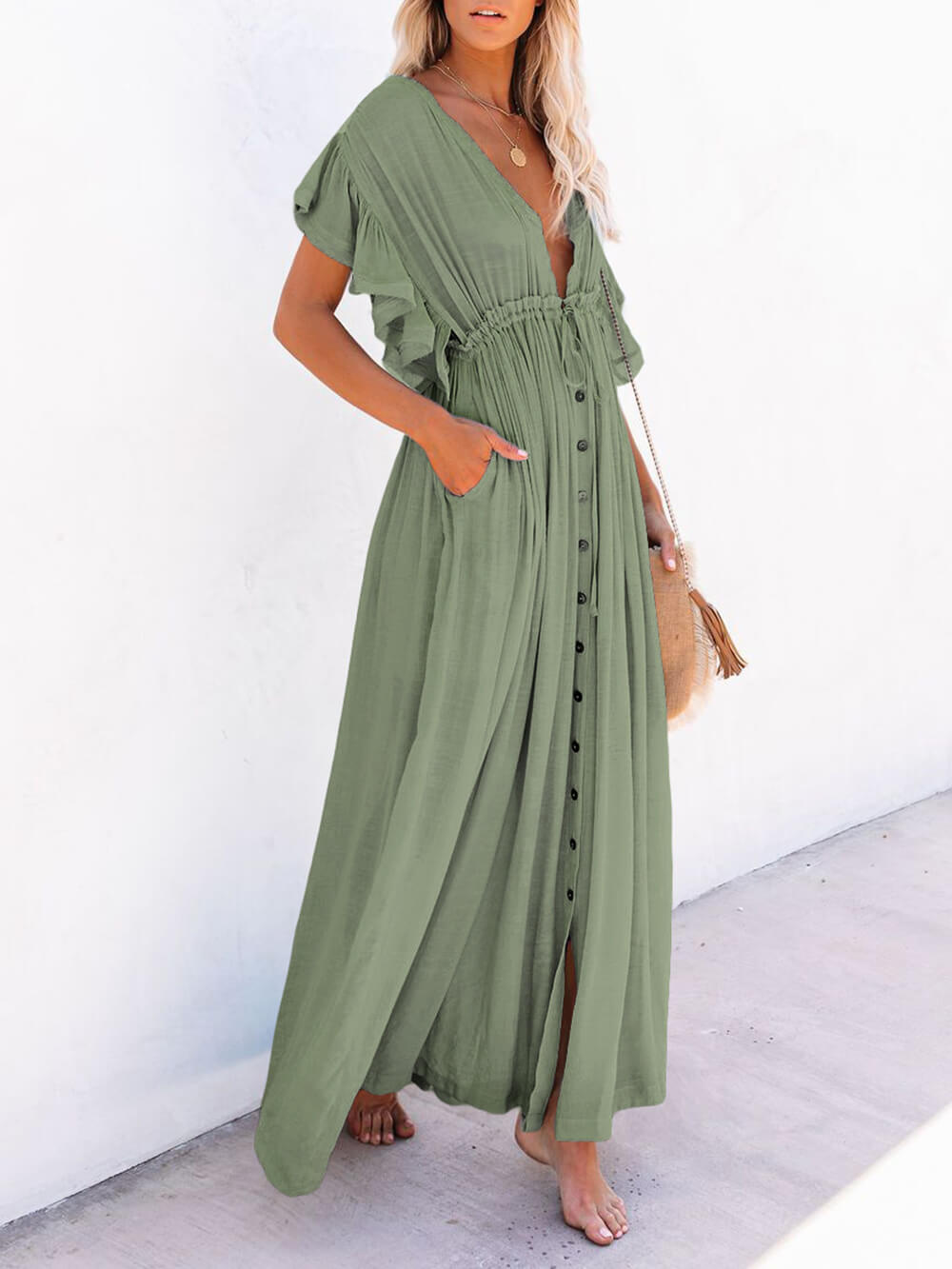 Button-Front Linen Beach Maxi Dress — women's maxi dress, view 28 by Emyri