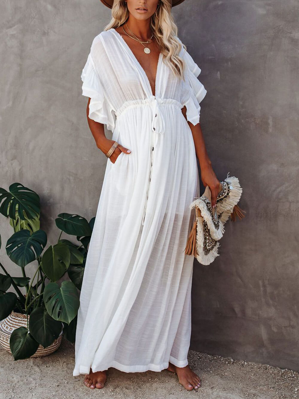 Button-Front Linen Beach Maxi Dress — women's maxi dress, view 6 by Emyri