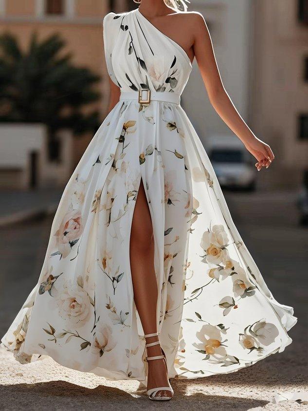 One-Shoulder Peony Chiffon Maxi Dress