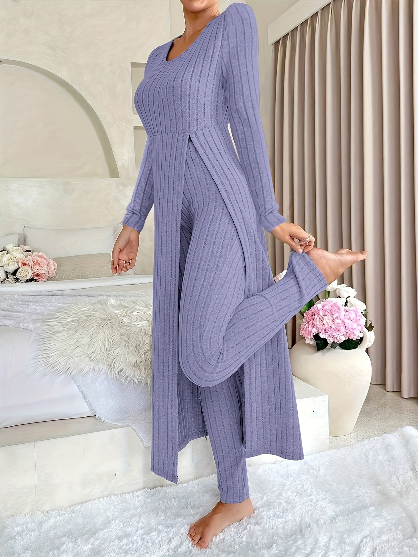 Ribbed Knit Wide-Leg Lounge Set
