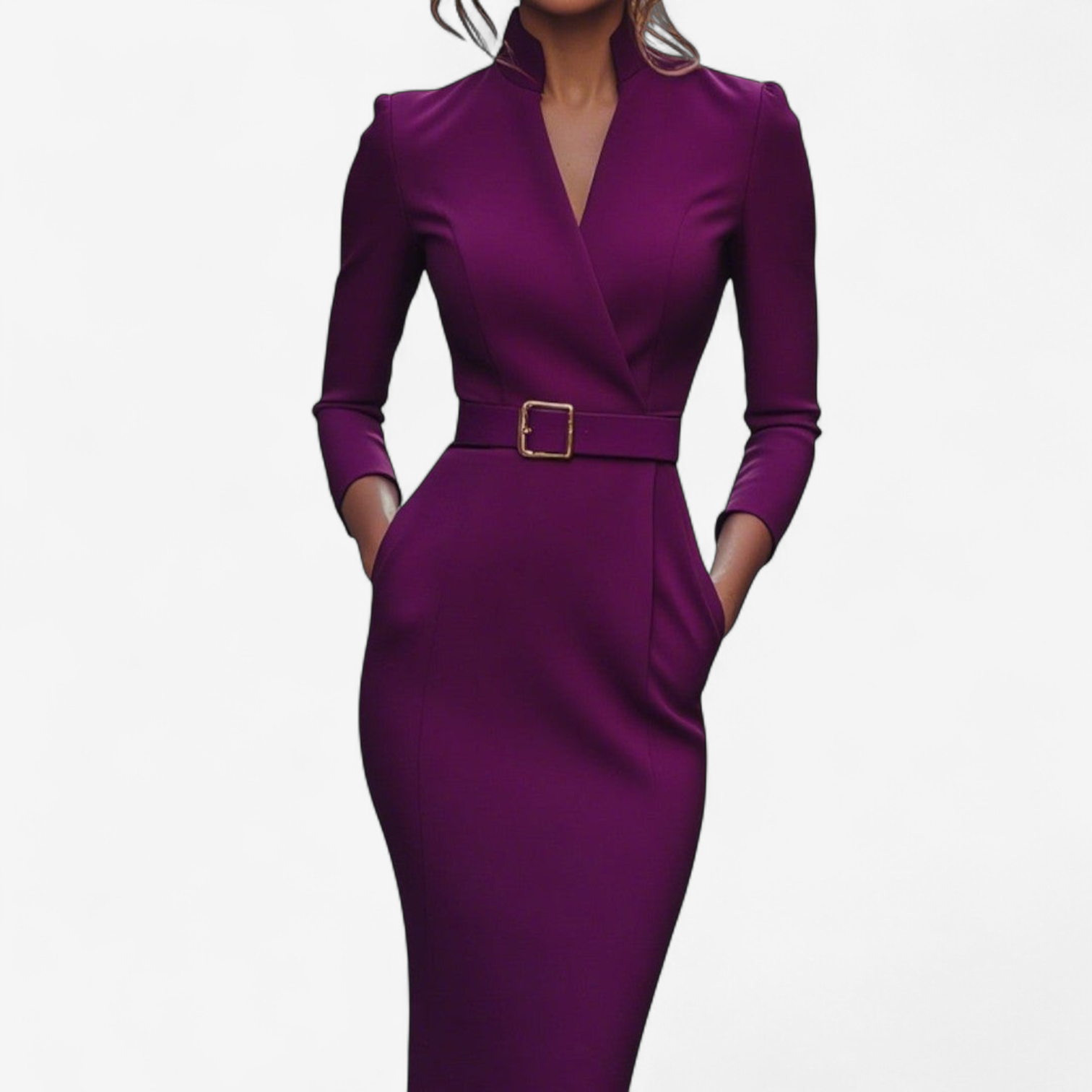 Belted Gold-Buckle Pencil Dress