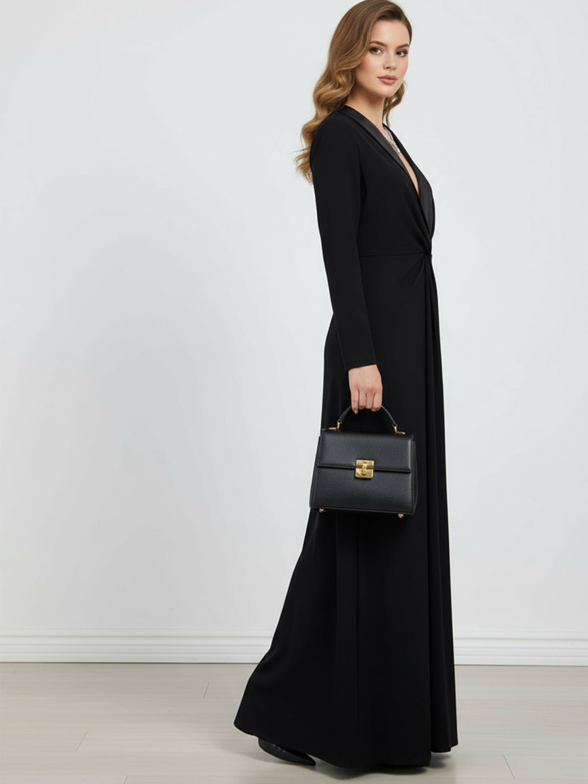 Tuxedo Lapel Twist Front Maxi Dress