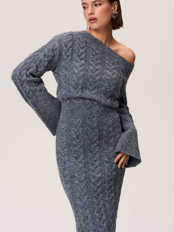 Cable Knit One-Shoulder Midi Dress