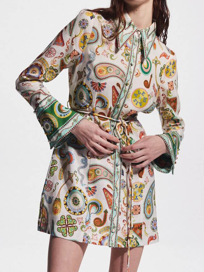 Trumpet-Sleeve Graphic Print Mini Dress