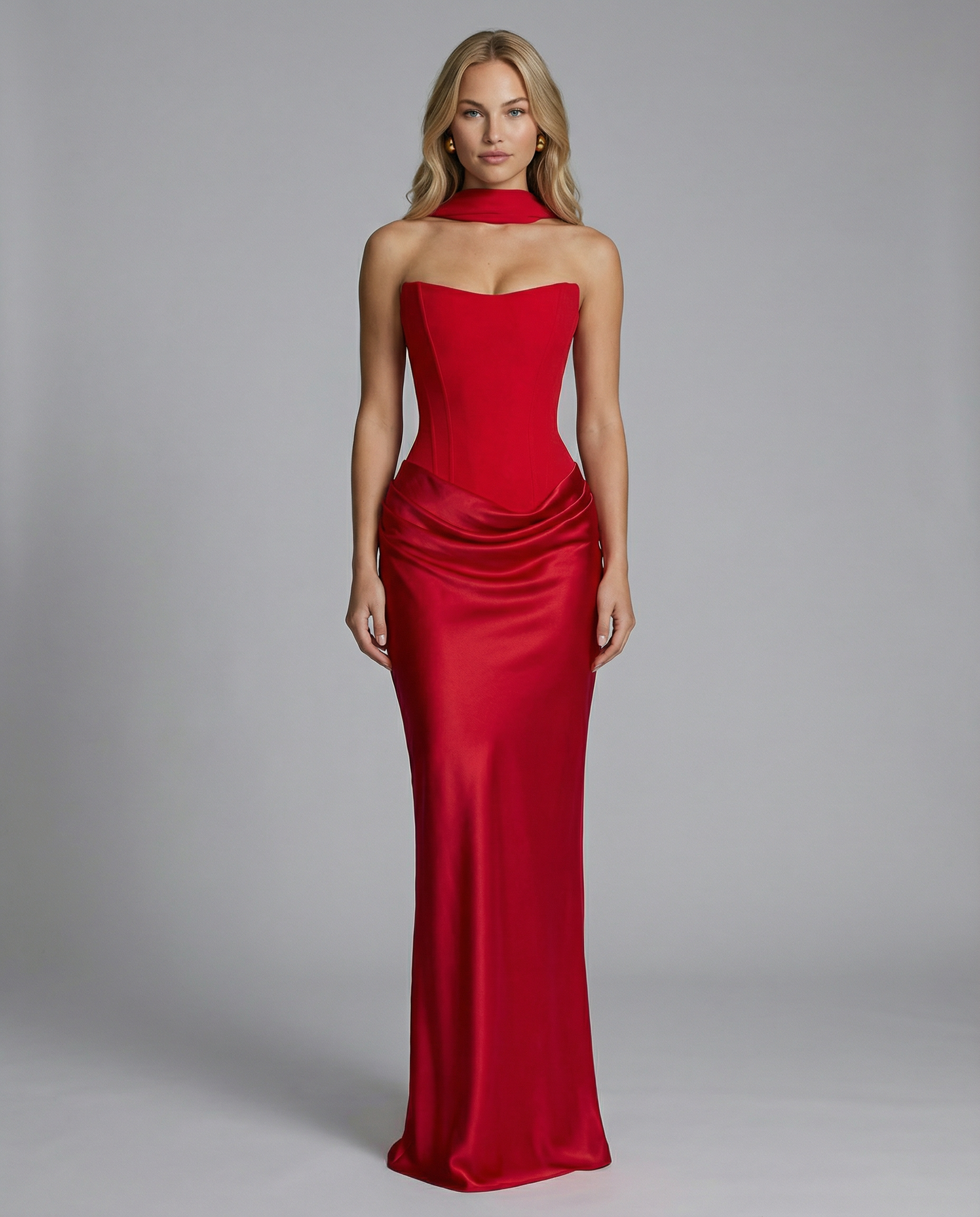 Corset Satin Maxi Gown with Choker — women's maxi dress, view 4 by Emyri