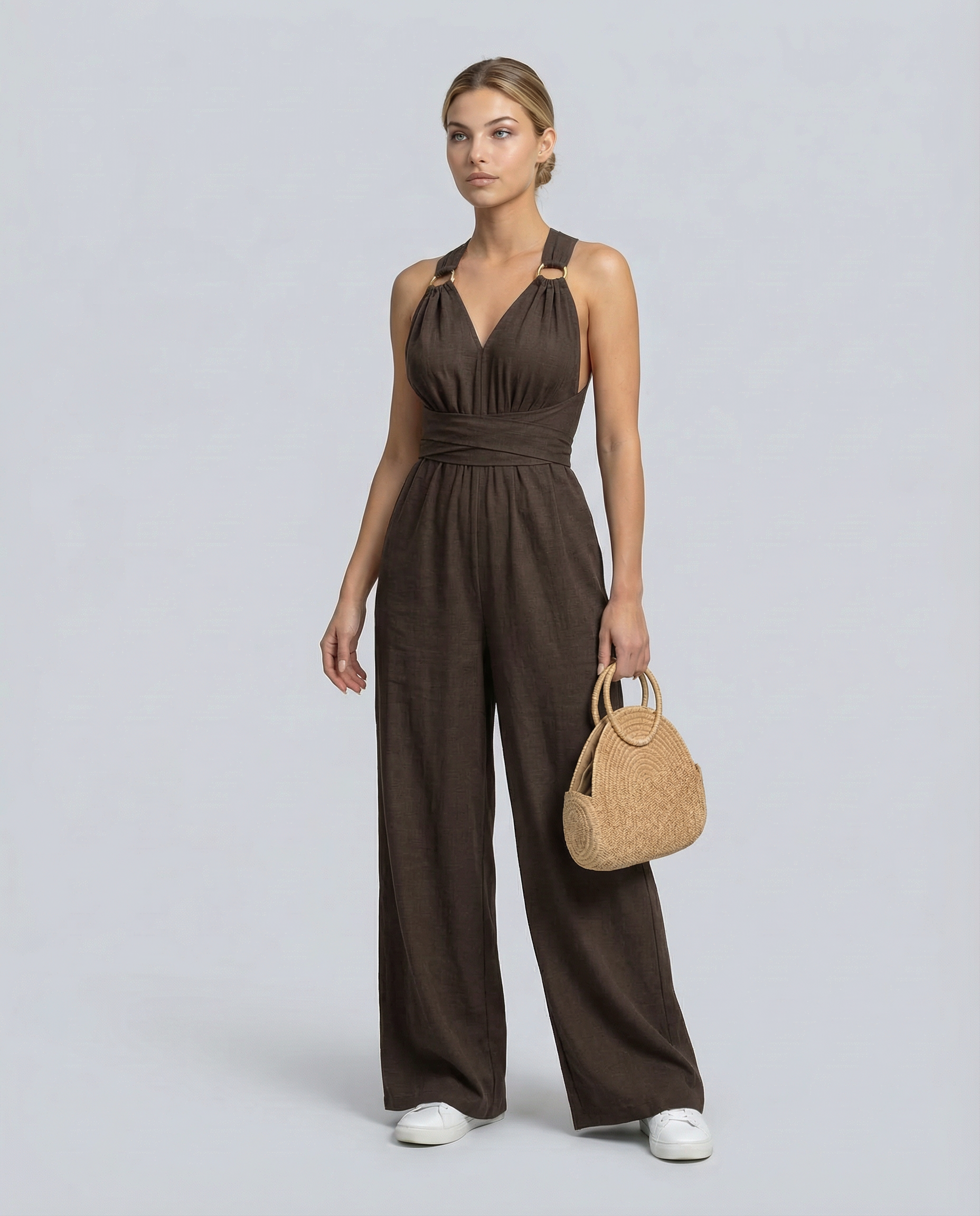 Crossback V-Neck Wide-Leg Jumpsuit — women's jumpsuit, view 3 by Emyri