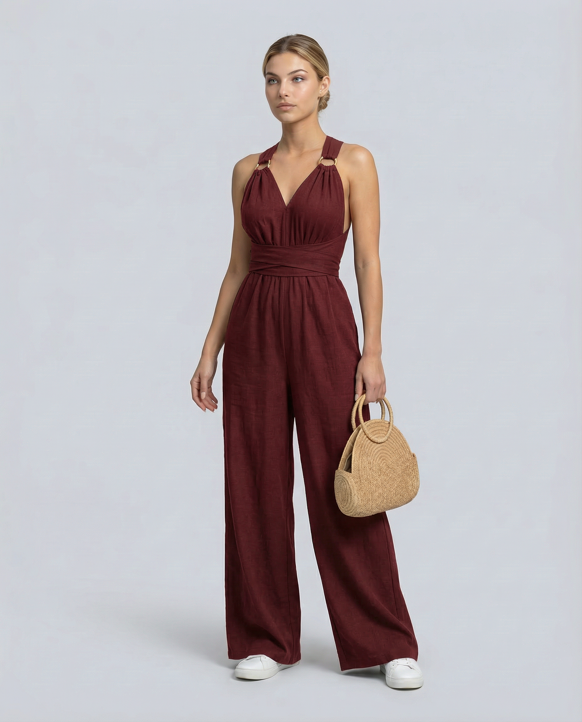 Crossback V-Neck Wide-Leg Jumpsuit — women's jumpsuit, view 4 by Emyri