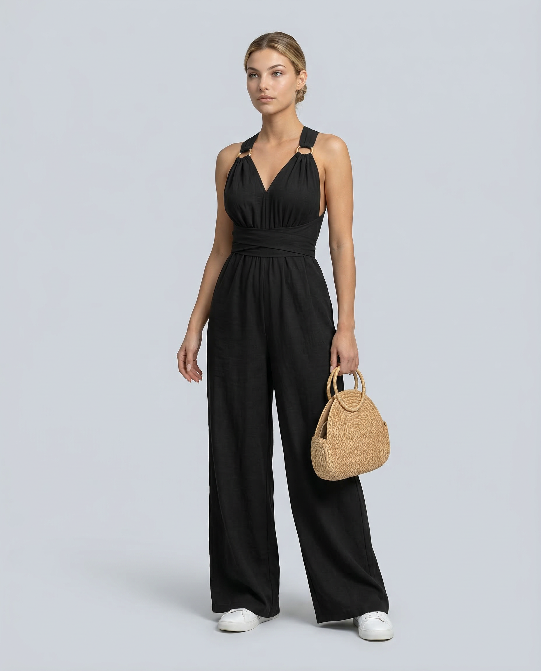 Crossback V-Neck Wide-Leg Jumpsuit — women's jumpsuit, view 7 by Emyri
