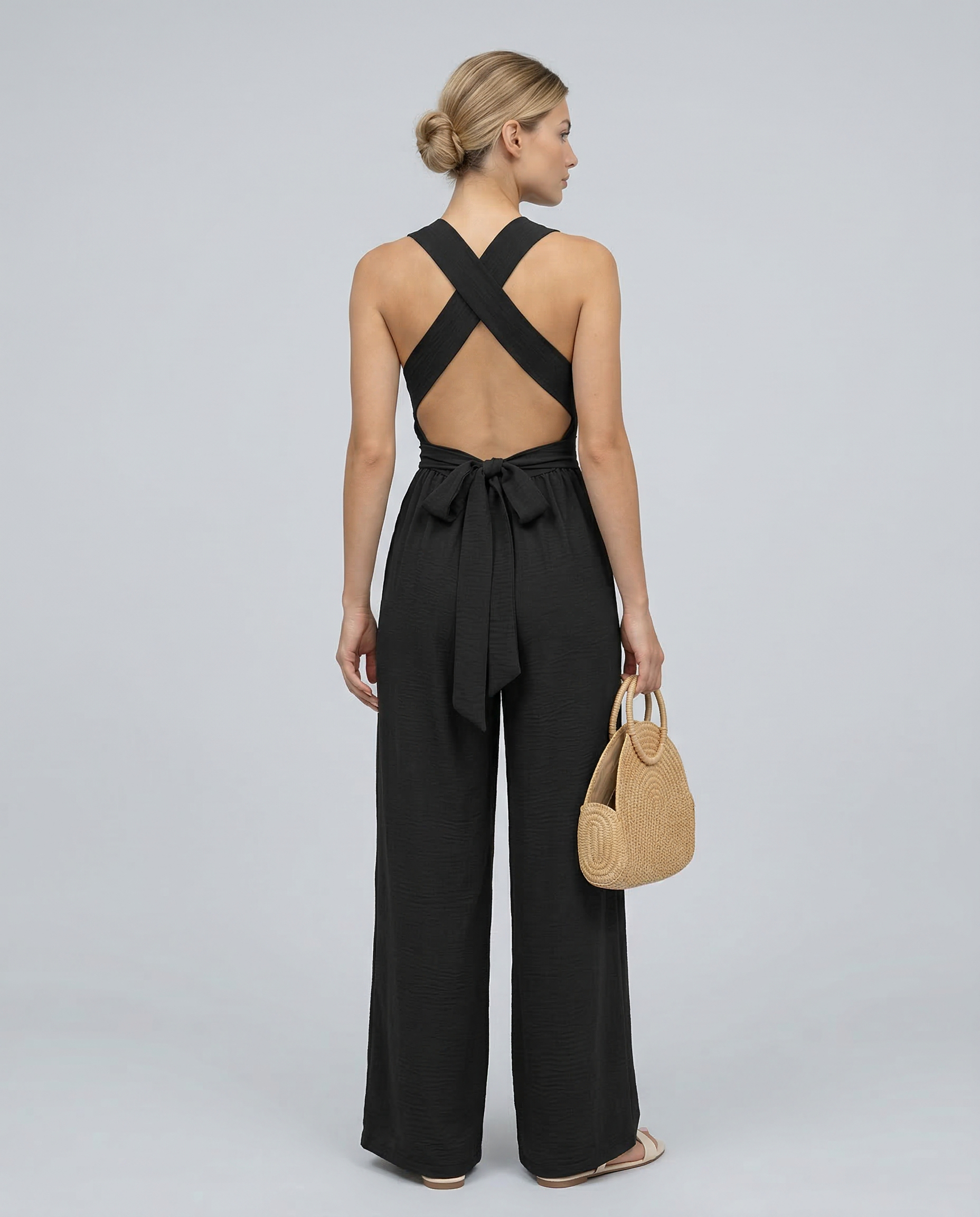 Crossback V-Neck Wide-Leg Jumpsuit — women's jumpsuit, view 8 by Emyri