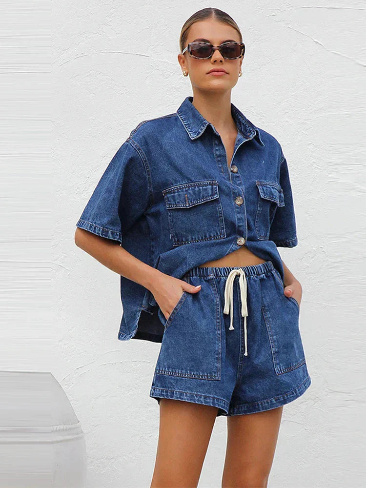 Denim Short Sleeve Shirt & Shorts Set — women's two piece set, view 11 by Emyri