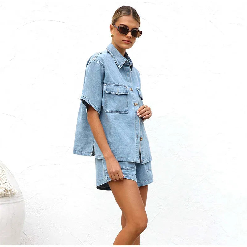 Denim Short Sleeve Shirt & Shorts Set — women's two piece set, view 15 by Emyri
