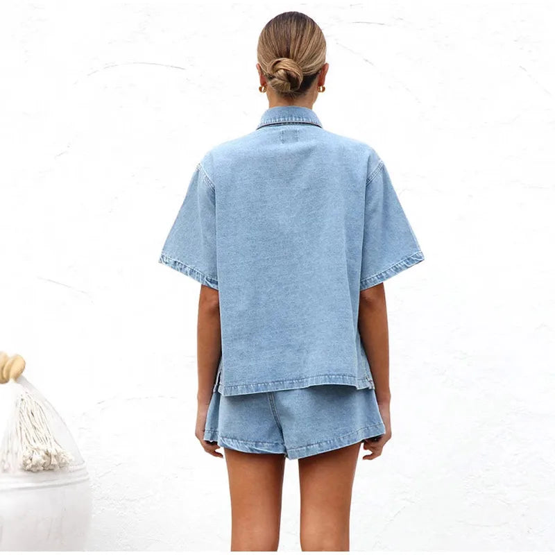 Denim Short Sleeve Shirt & Shorts Set — women's two piece set, view 16 by Emyri
