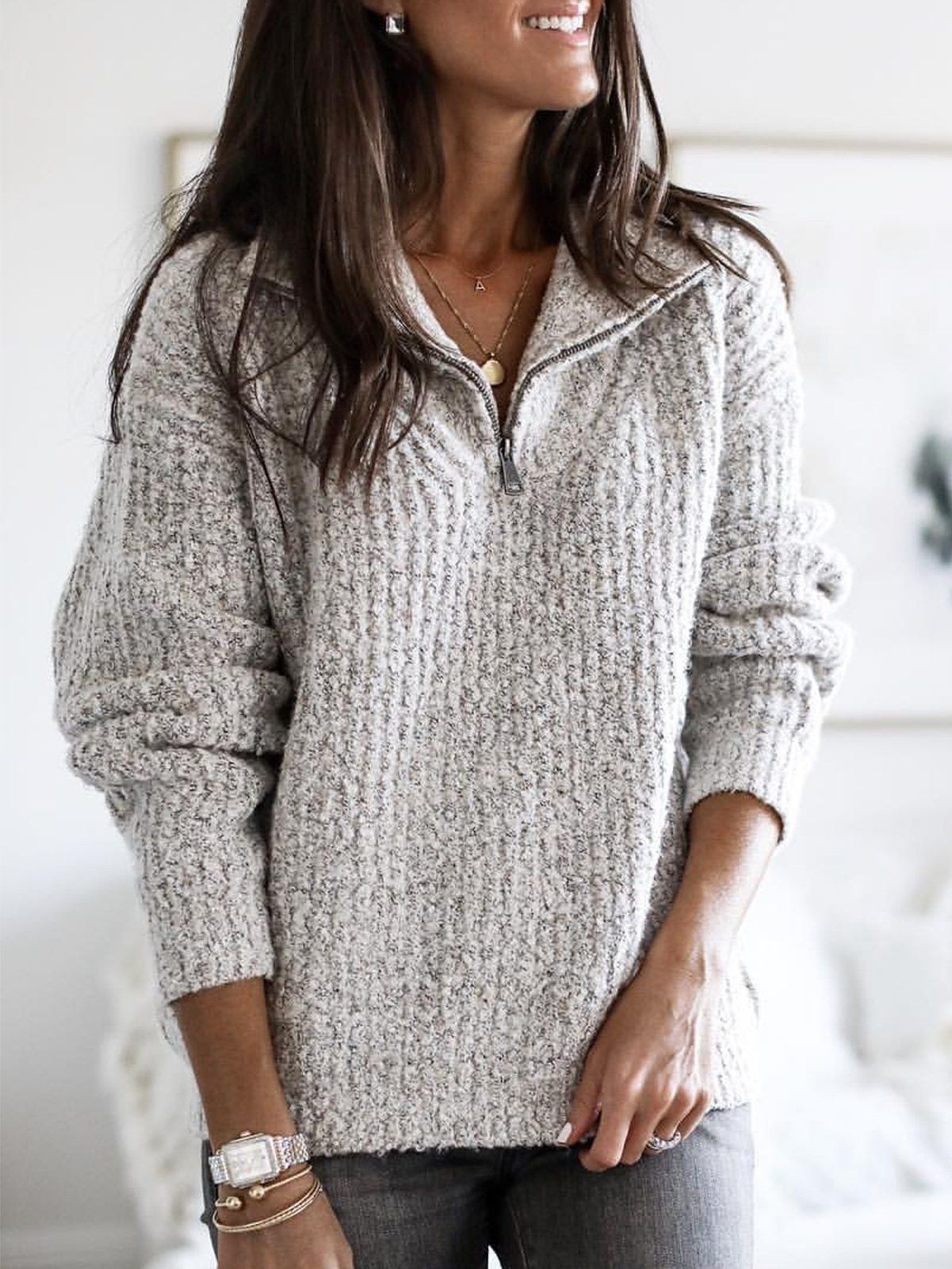 Quarter-Zip Ribbed Knit Sweater