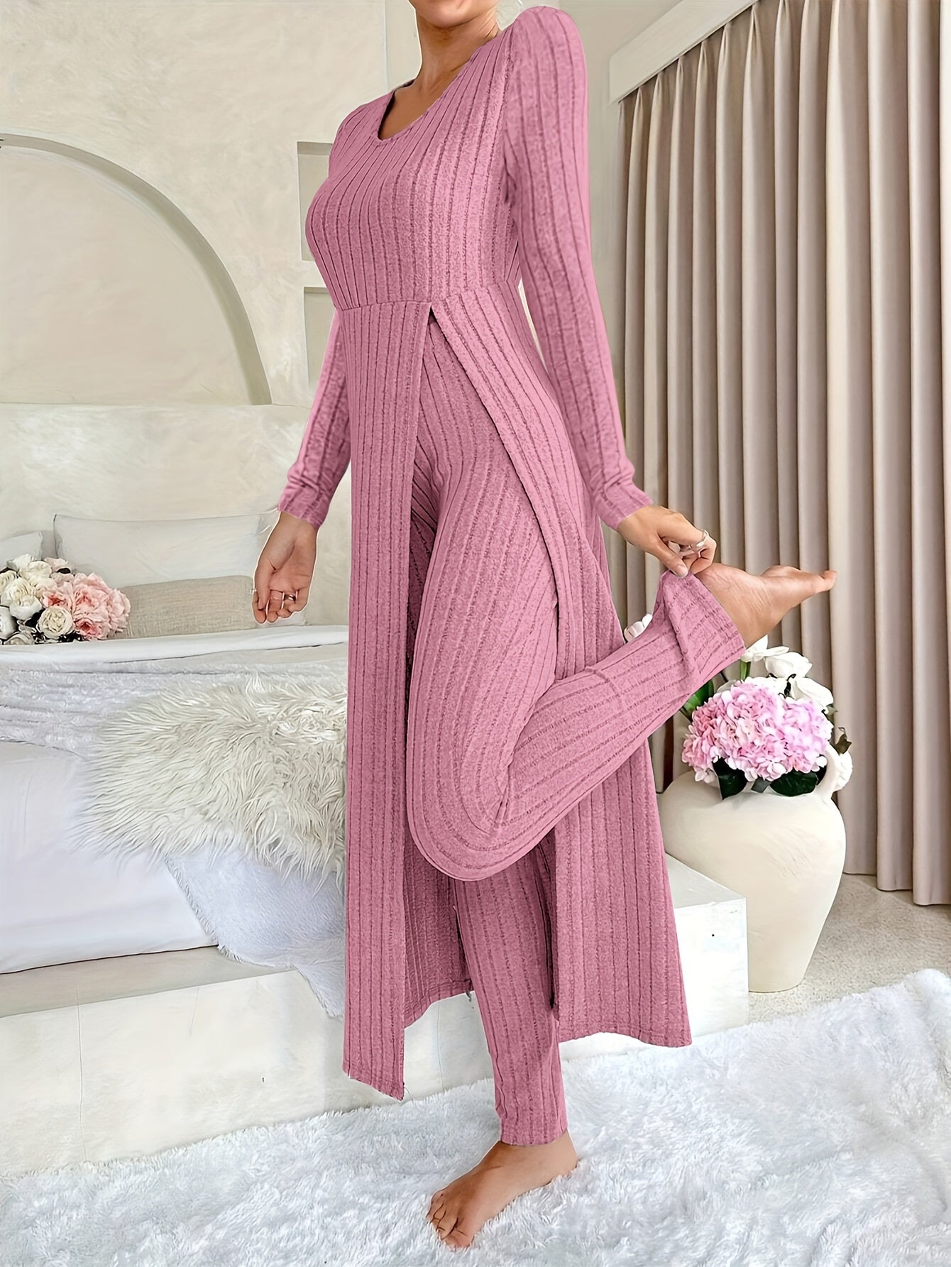 Ribbed Knit Wide-Leg Lounge Set