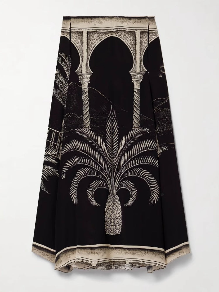 Satin Palm Tree Print Top and Midi Skirt Set