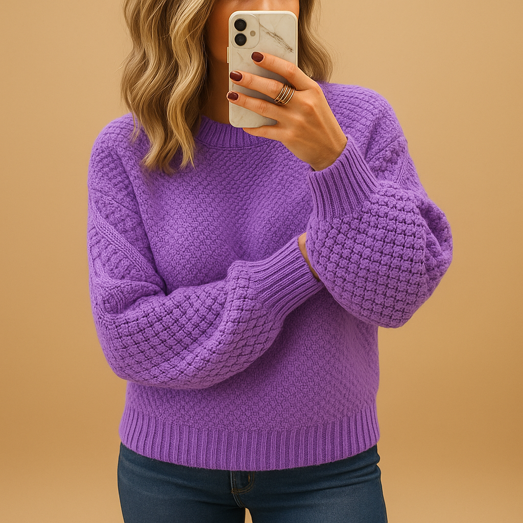 Waffle Knit Balloon Sleeve Sweater