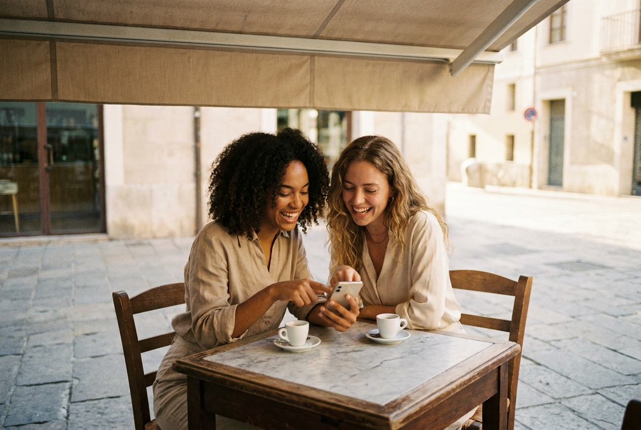 Two women laughing over coffee at a café terrace