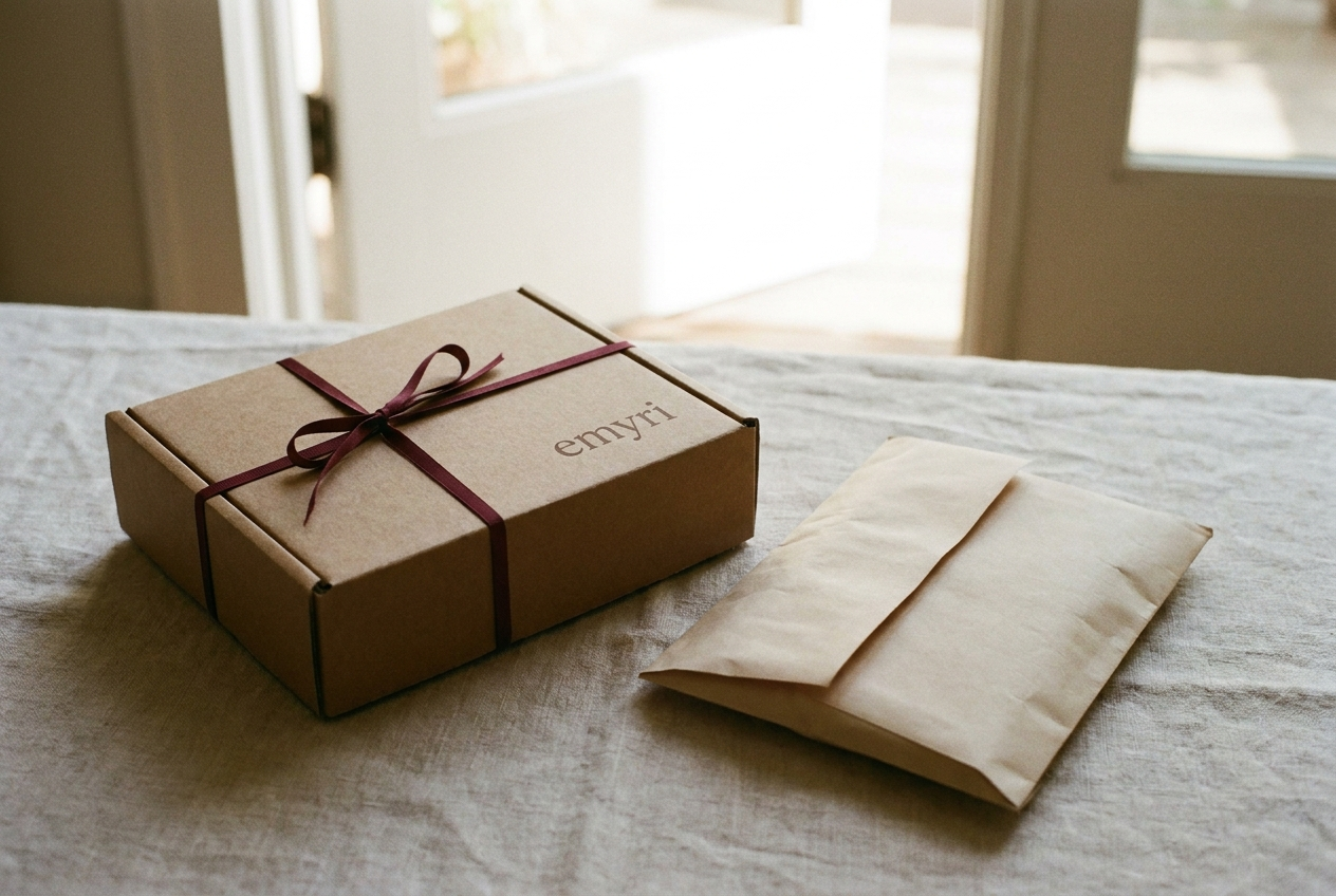 Emyri kraft shipping box with burgundy ribbon and paper mailer
