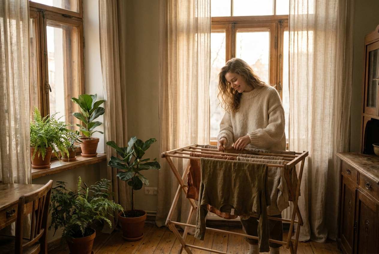 Woman air-drying garments by a sunlit window