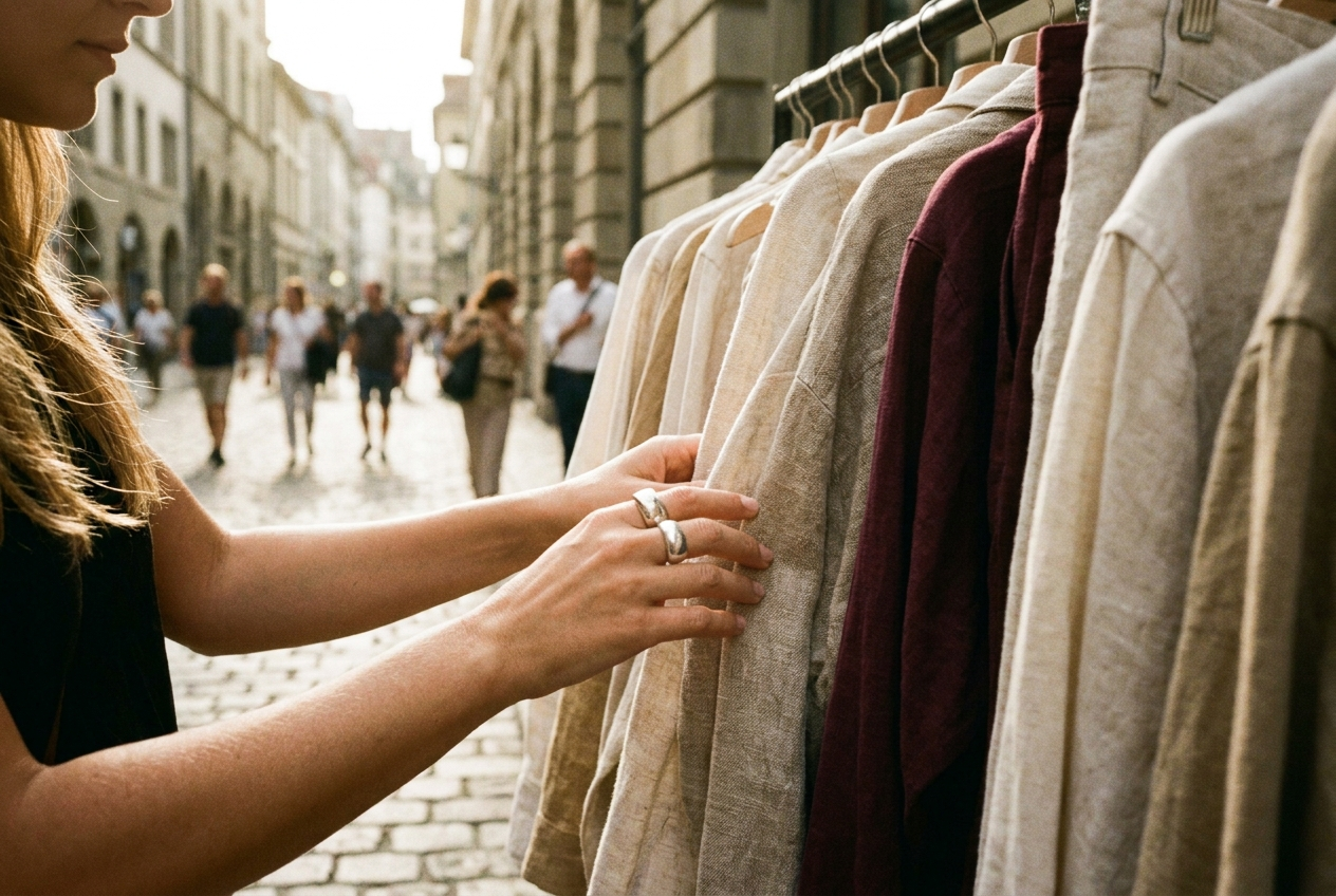 Woman browsing a rail of natural linen garments