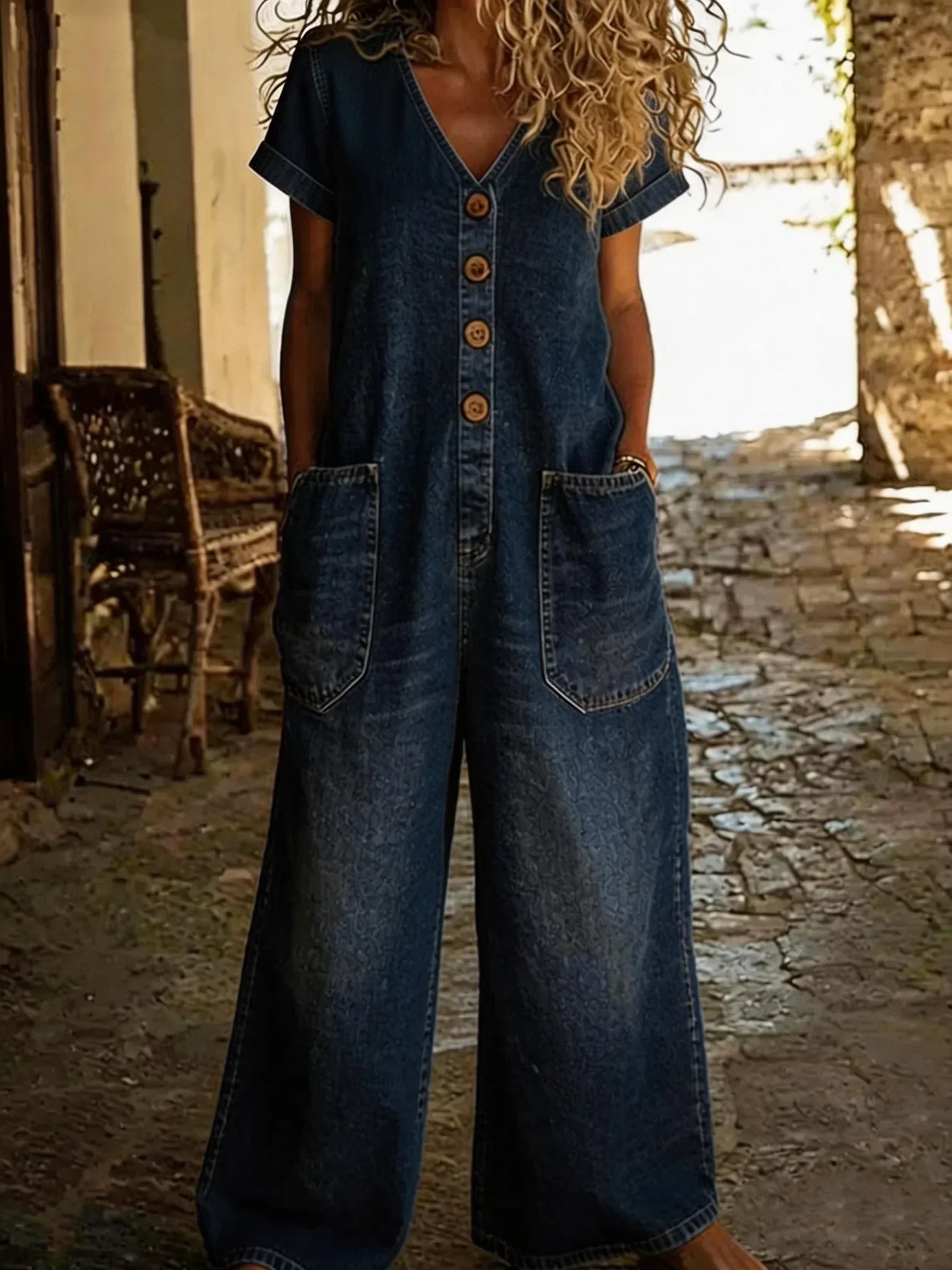 Wide Leg V-Neck Denim Jumpsuit