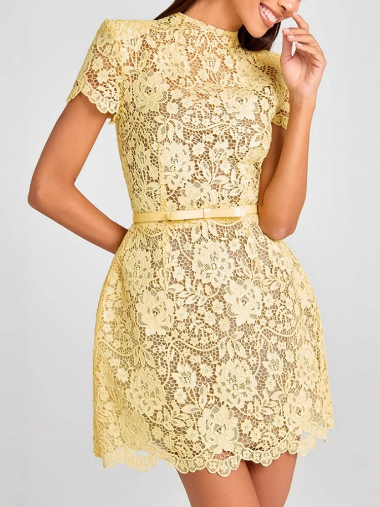 Embroidered Lace Belted Mini Dress
