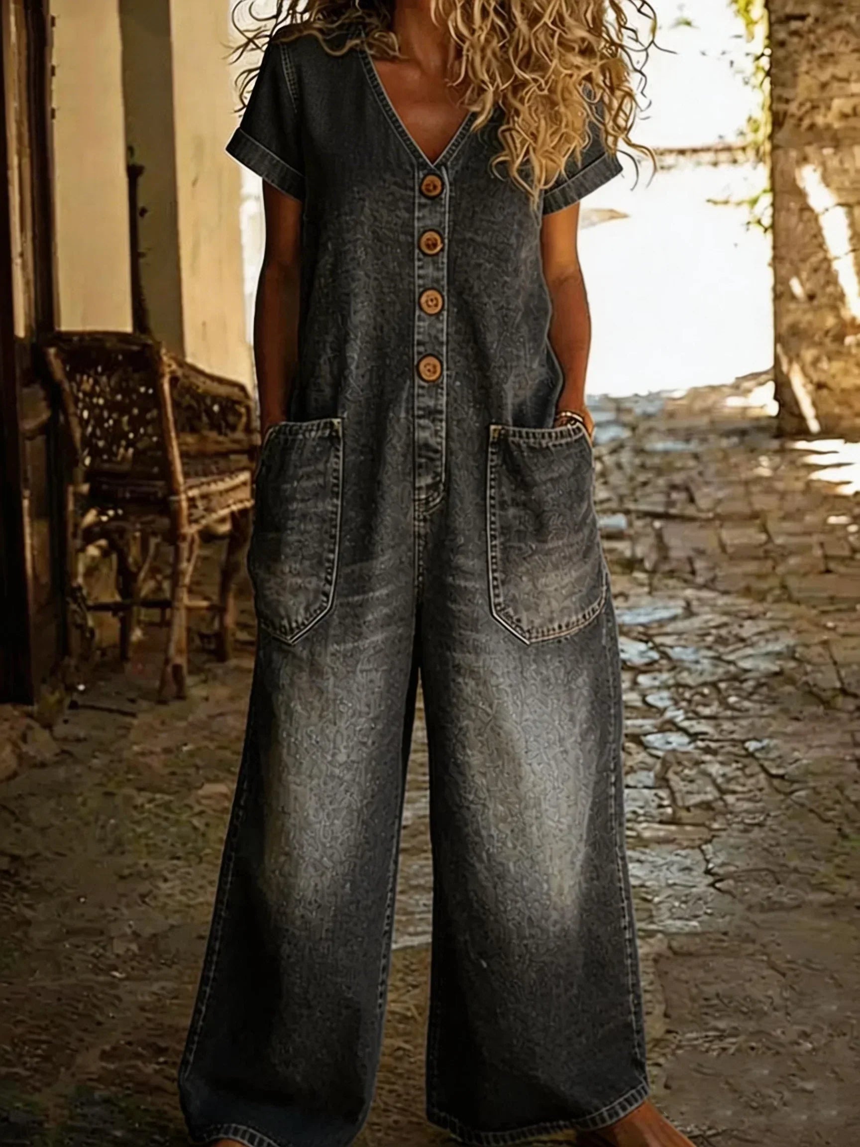 Wide Leg V-Neck Denim Jumpsuit
