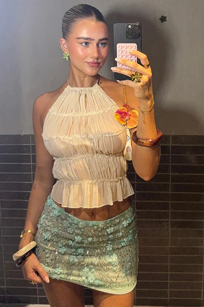 Floral Beaded Mesh Mini Skirt — women's mini skirt by Emyri