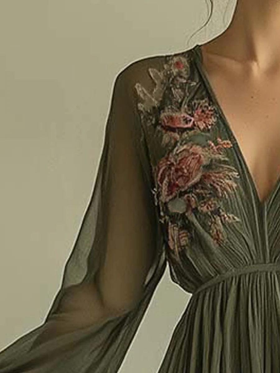 Floral Embroidered Chiffon Maxi Dress — women's maxi dress, view 3 by Emyri