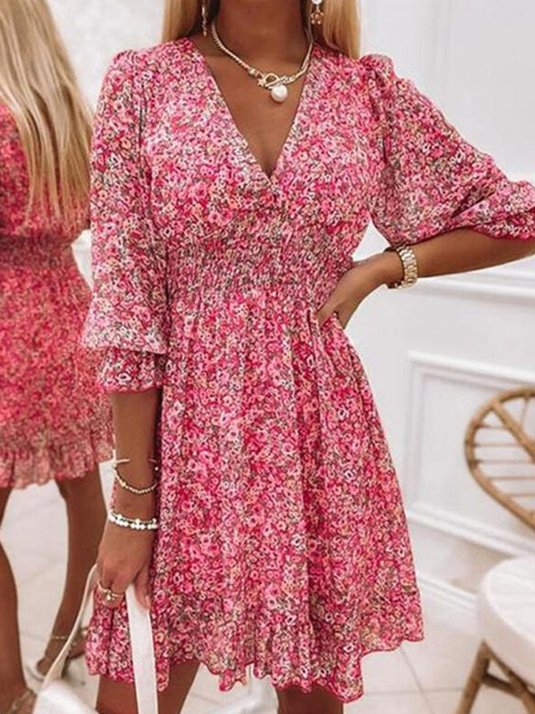 Floral Print Boho Mini Dress — women's mini dress, view 9 by Emyri