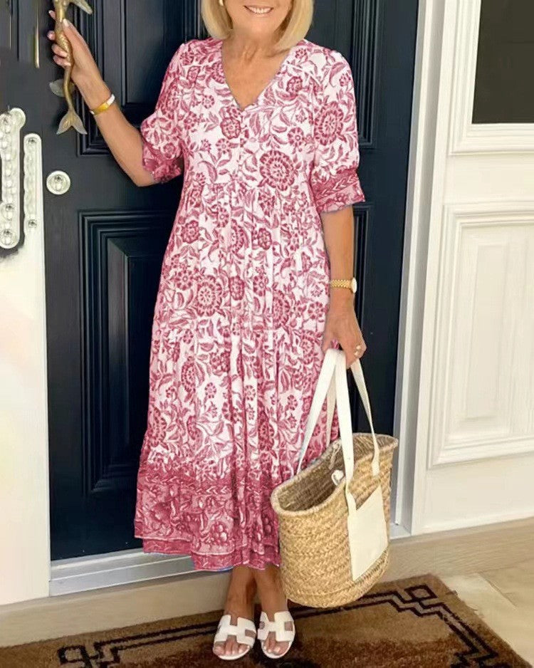 Floral V-Neck Midi Dress — women's midi dress, view 3 by Emyri