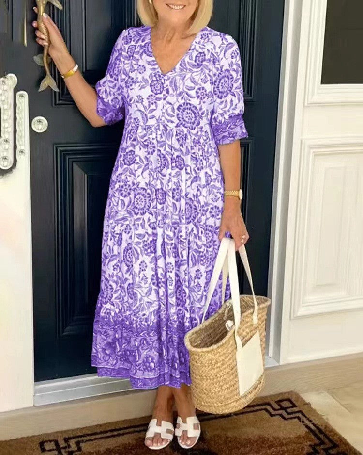 Floral V-Neck Midi Dress — women's midi dress, view 4 by Emyri