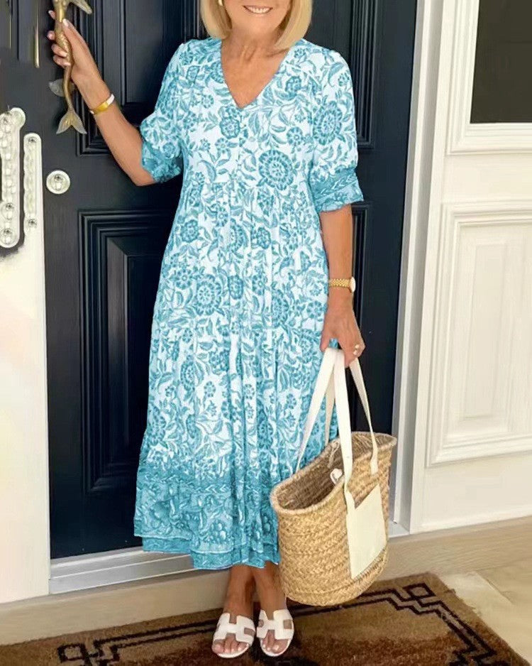 Floral V-Neck Midi Dress — women's midi dress, view 5 by Emyri