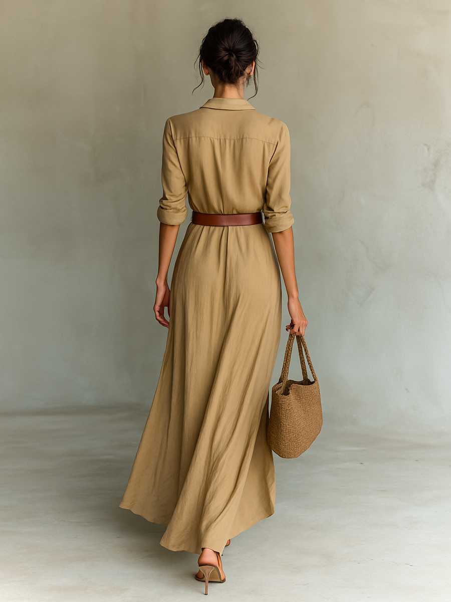 Deep V Button-Down Maxi Shirt Dress