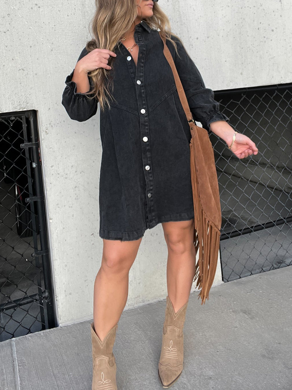 A-Line Button-Front Denim Dress