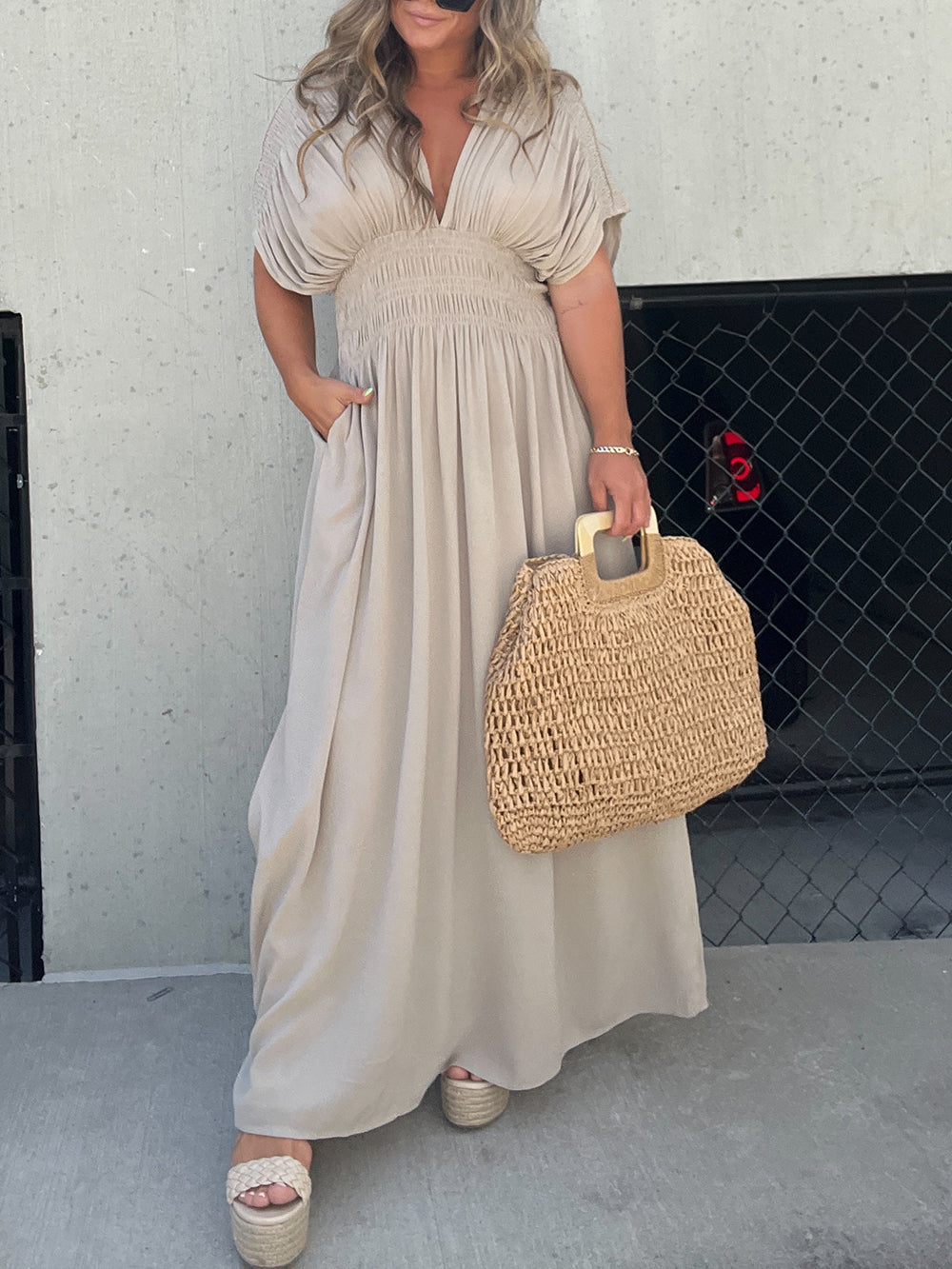 Kimono Sleeve Smocked Maxi Dress