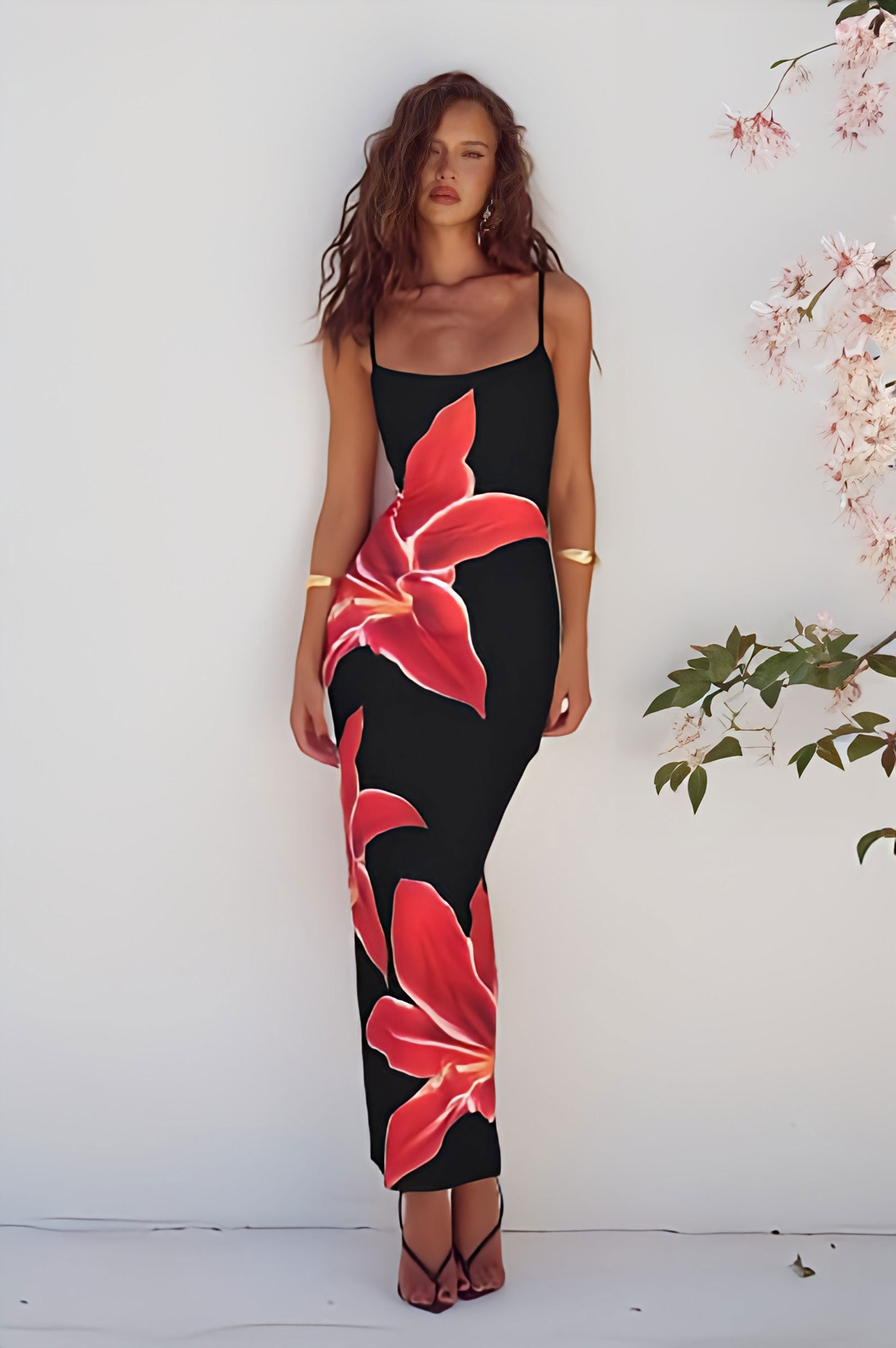 Black Floral Stretch Midi Dress
