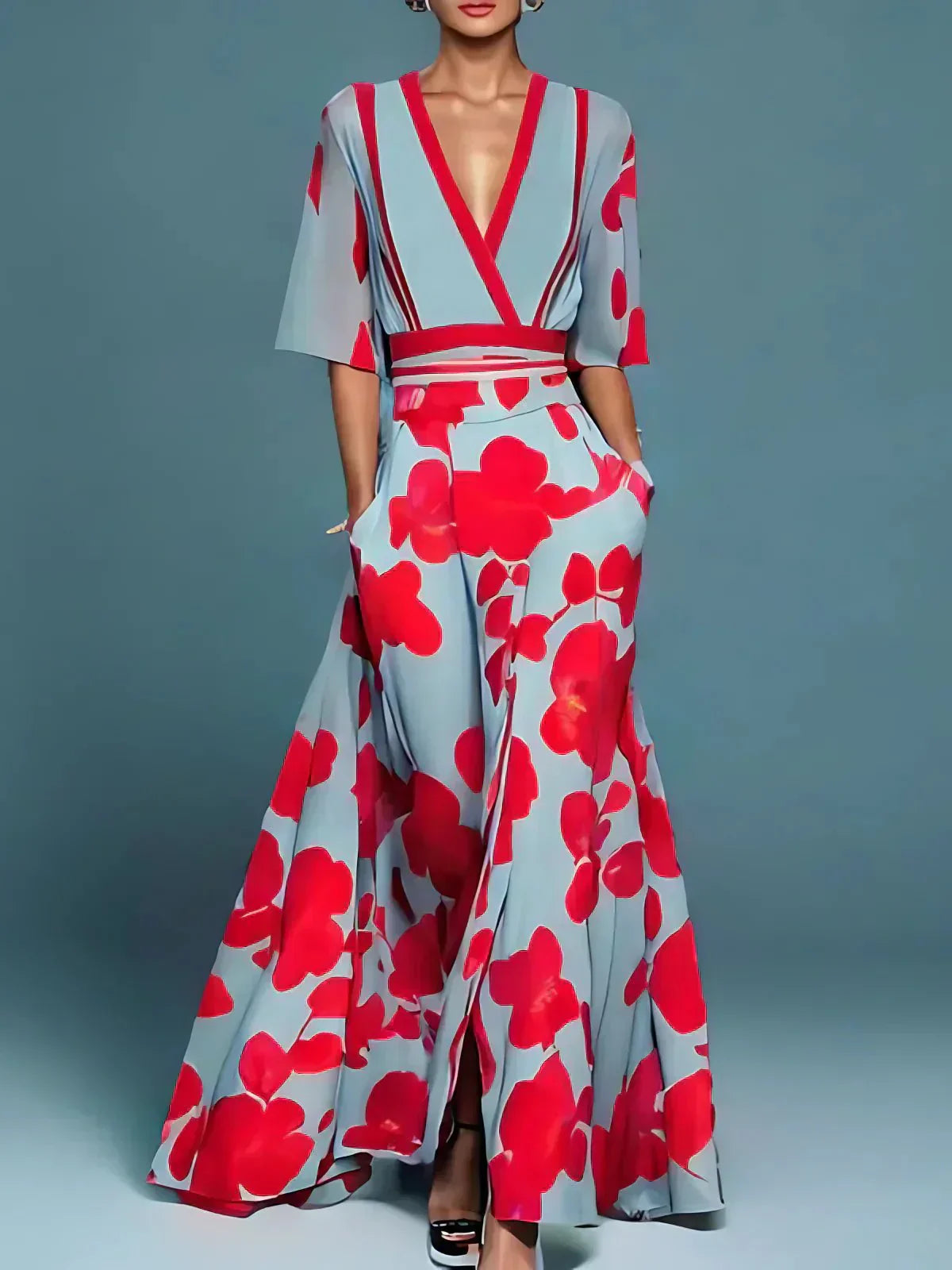 Poppy Print V-Neck Maxi Dress