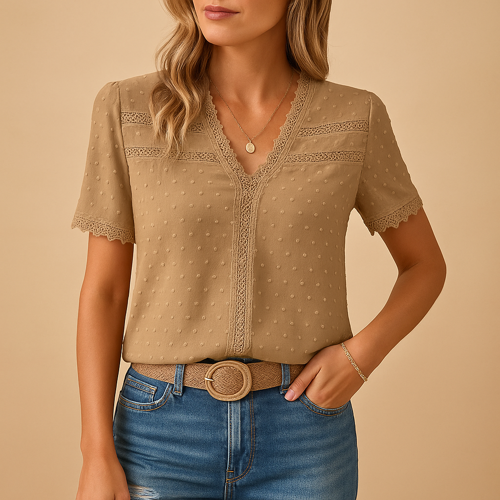 Lace Trim V-Neck Short Sleeve Blouse