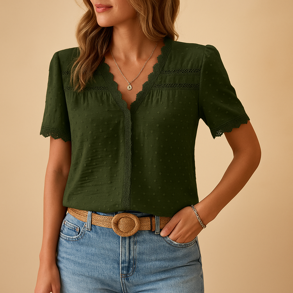 Lace Trim V-Neck Short Sleeve Blouse