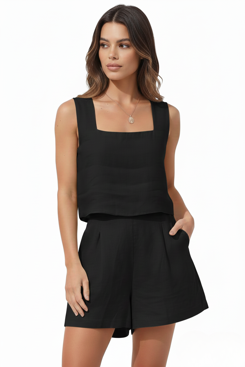 Linen Square-Neck Shorts Set — women's two-piece set, view 13 by Emyri
