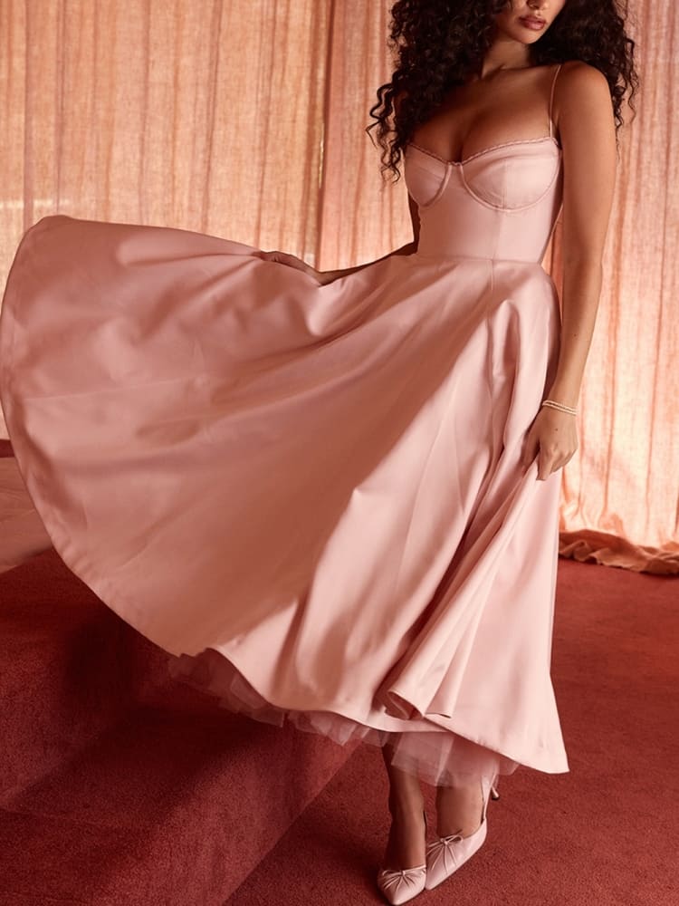 Boned Sweetheart Pink Midi Dress