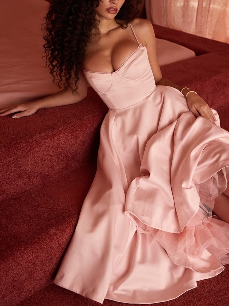 Boned Sweetheart Pink Midi Dress