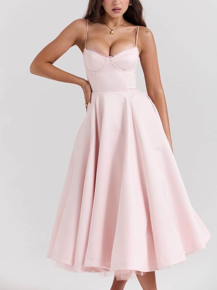 Boned Sweetheart Pink Midi Dress