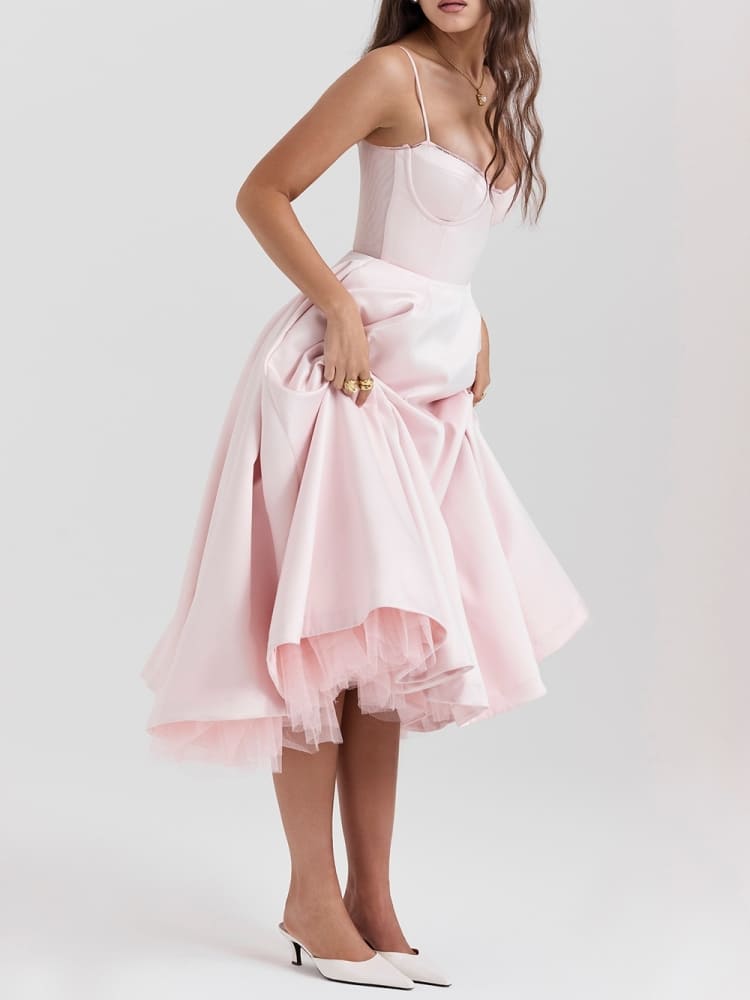 Boned Sweetheart Pink Midi Dress