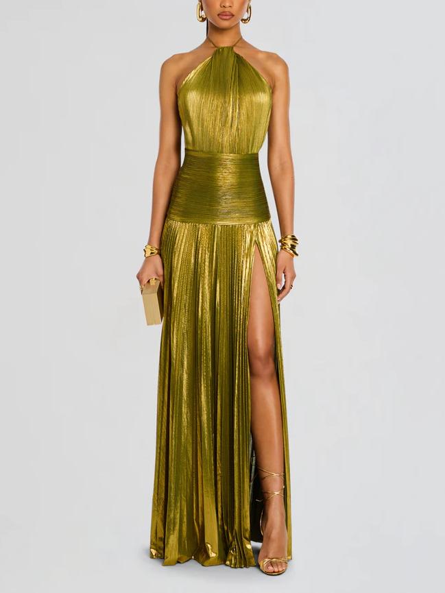 Metallic Halter Open-Back Maxi Dress — women's maxi dress by Emyri