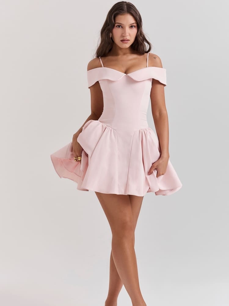 Off-Shoulder Pink Mini Dress — women's mini dress, view 5 by Emyri