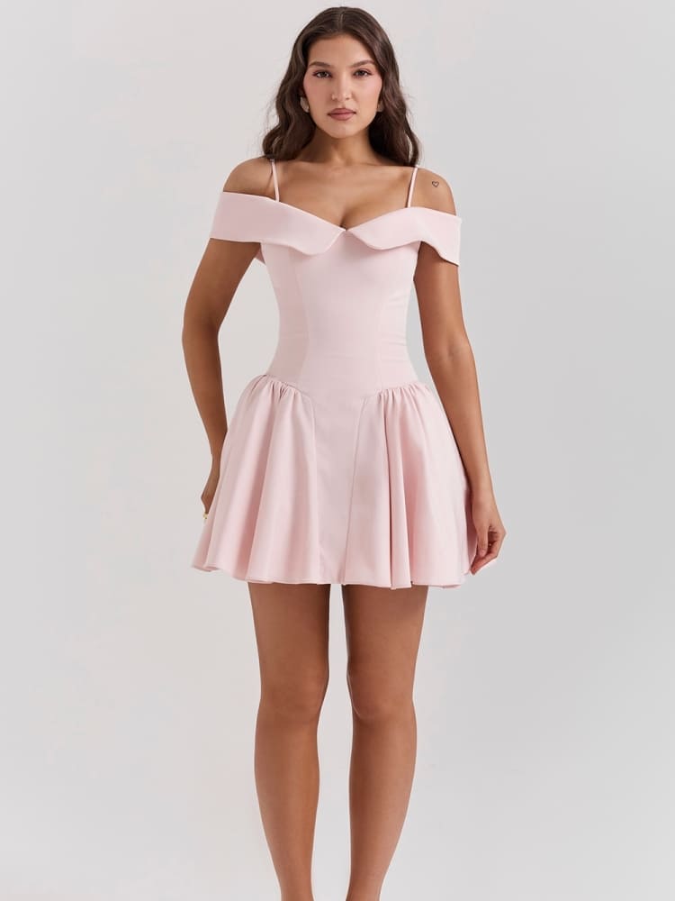 Off-Shoulder Pink Mini Dress — women's mini dress, view 8 by Emyri